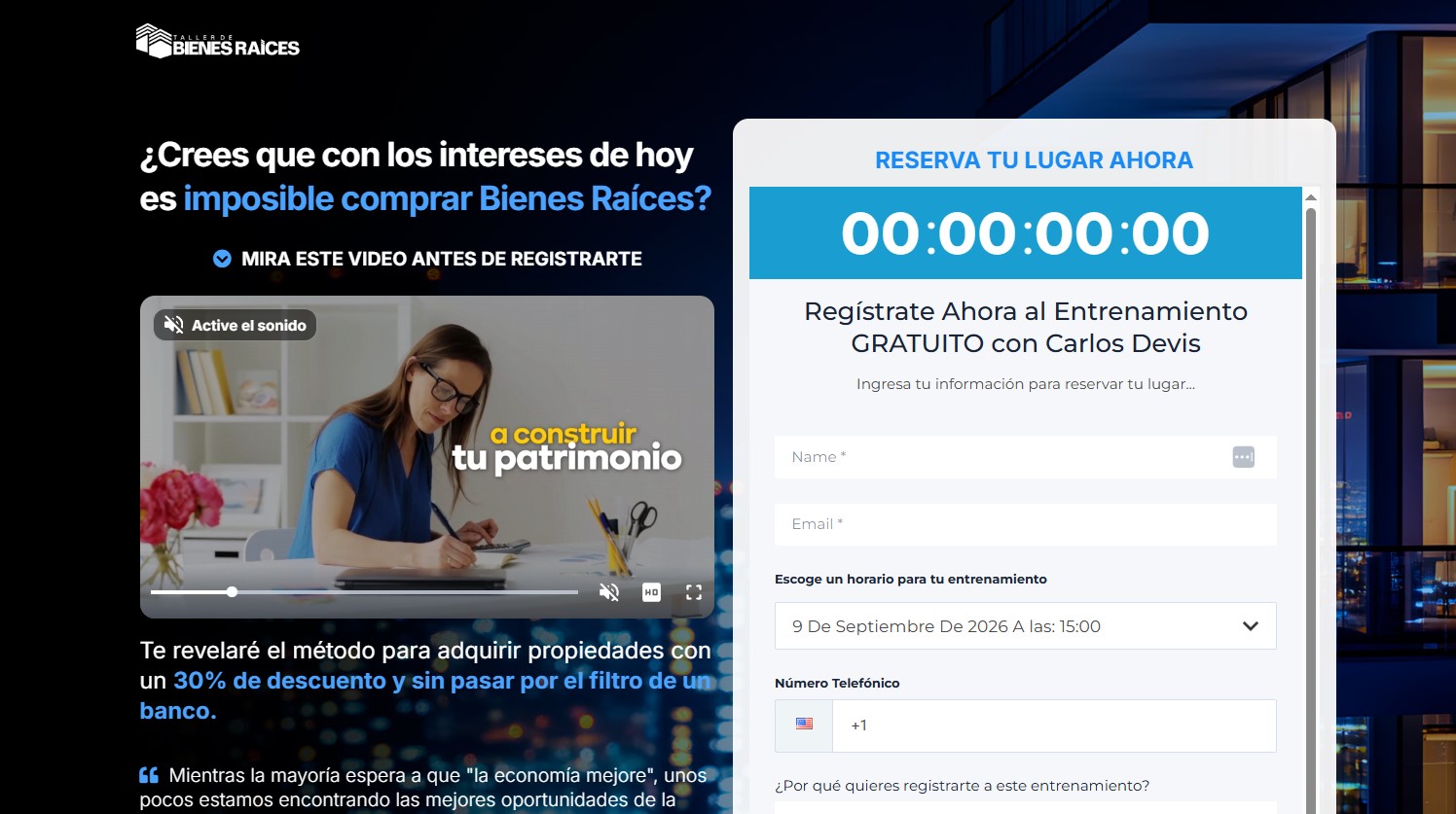 Landing de registro al webinar inmobiliario de Carlos Devis