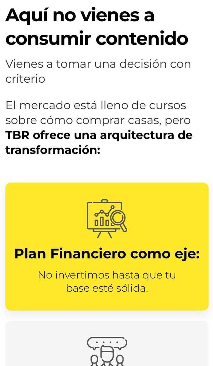 Captura mobile de sección interna del funnel Taller de Bienes Raíces