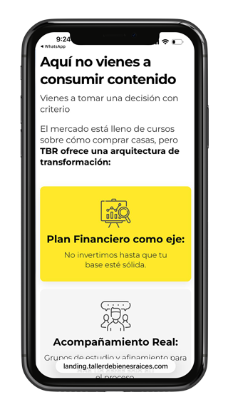 Captura mobile de sección interna del funnel Taller de Bienes Raíces